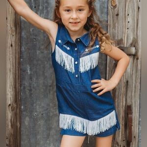 Little girls denim wester romper with fringe